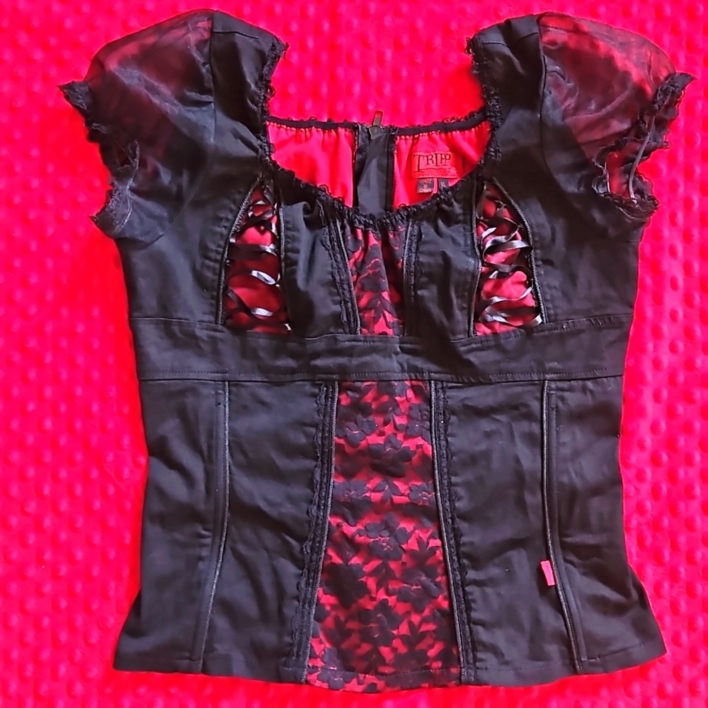 Vintage 90s Tripp Red Tag Top XL Red and Black Floral Corset Top Hot Topic